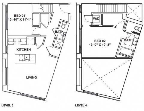 Floor plan for 1 bed, 1 bath, 869 sqft